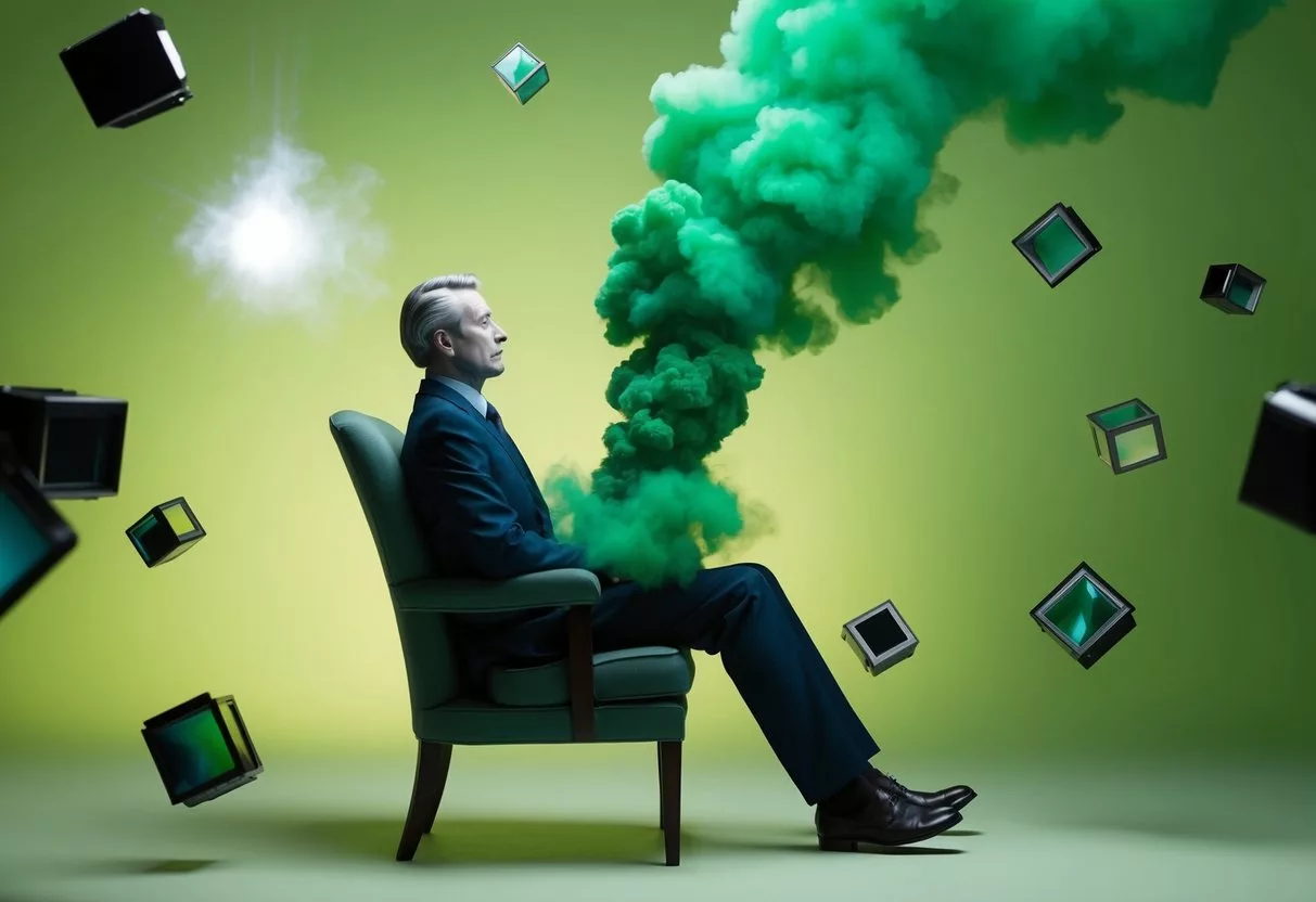 A green cloud of gas escapes from a seated figure, causing nearby objects to rattle and distort