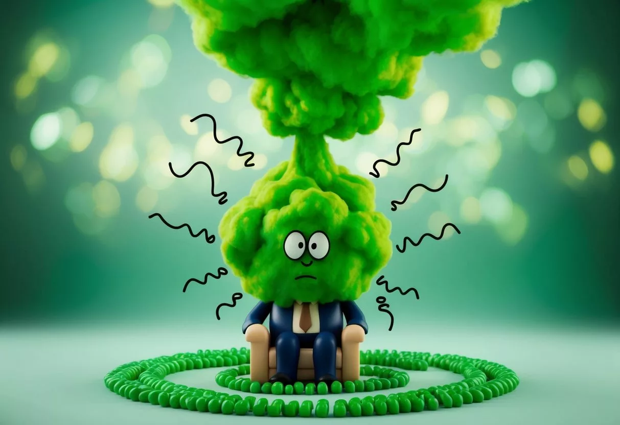 A cartoonish cloud of green gas rises from a seated figure, surrounded by squiggly lines to indicate a foul odor. Nearby objects appear to wilt or turn green