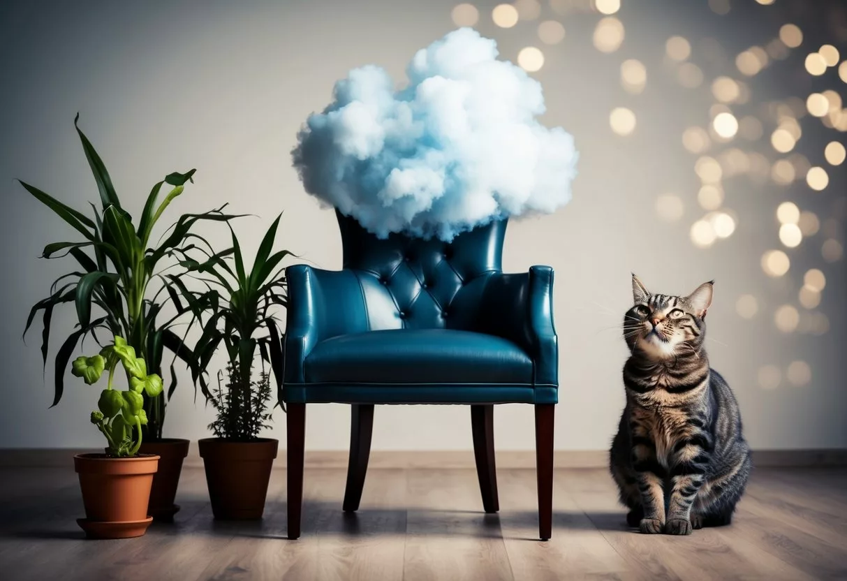 A stink cloud rises from a chair, causing nearby plants to wilt and a cat to wrinkle its nose in disgust