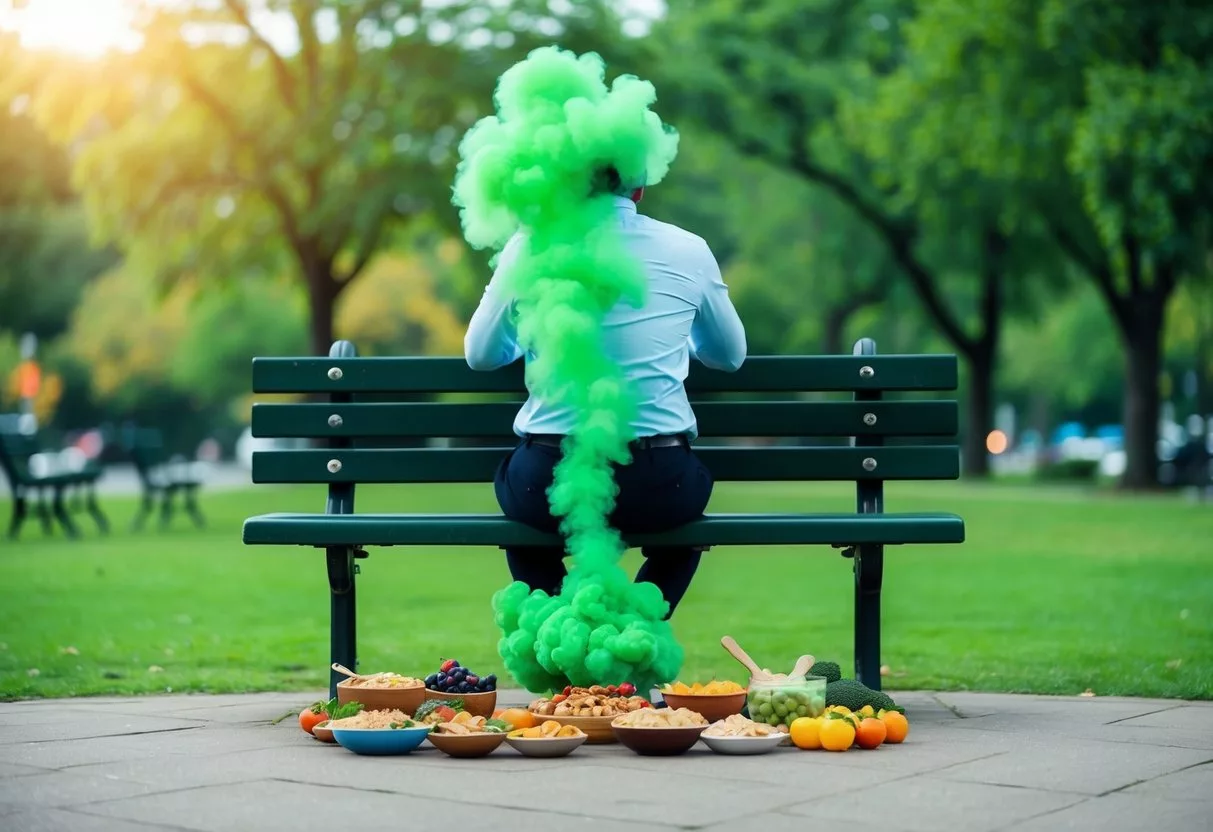 A person sitting on a park bench surrounded by a variety of foods, with a cloud of green gas escaping from their bottom