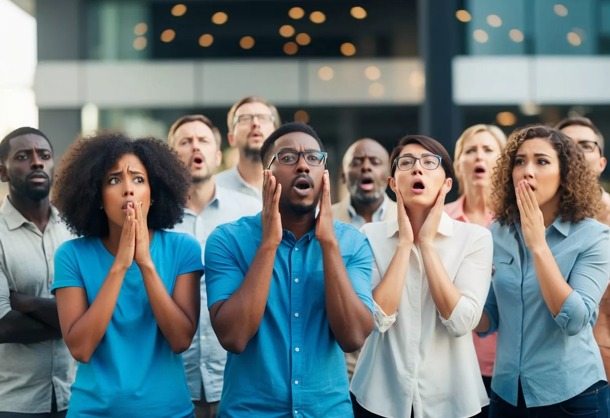 A group of diverse individuals react to a sudden, unexpected noise and odor in a public setting