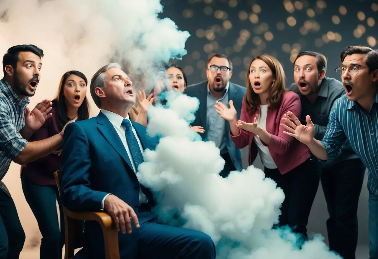 A cloud of gas escapes from a seated figure, surrounded by surprised and disgusted onlookers