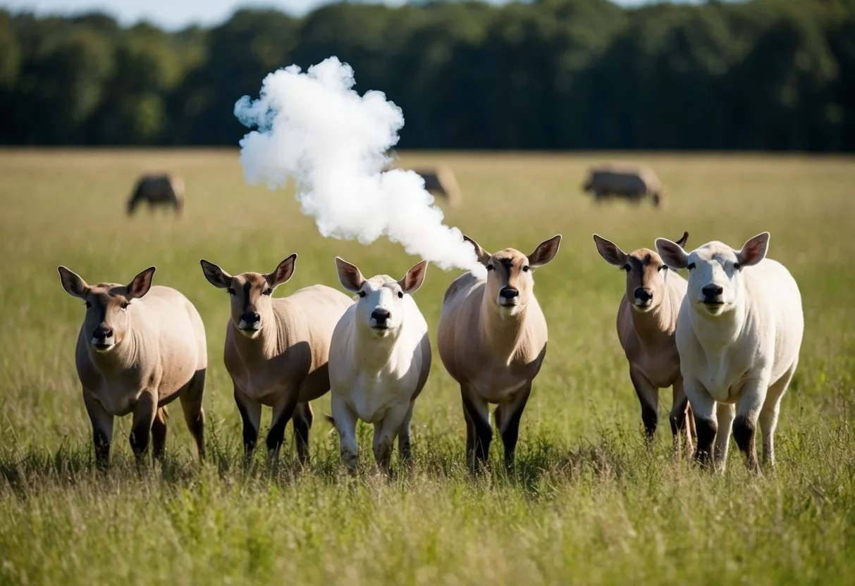 A group of animals in a field, with one animal emitting a cloud of gas, causing the others to react with surprise and discomfort