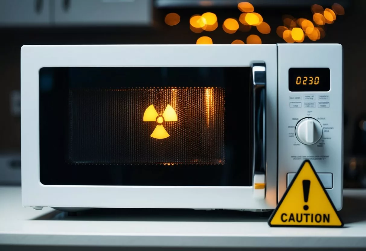 A microwave oven emitting radiation with a caution sign nearby