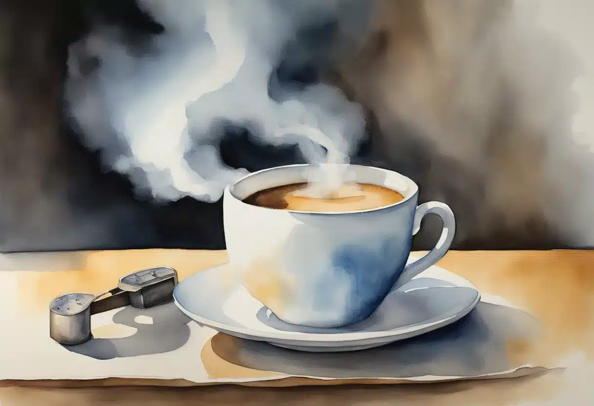 Steam rises from a cup of coffee with Java Burn added. The aroma wafts through the air as the coffee sits on a table, surrounded by a tape measure and a scale