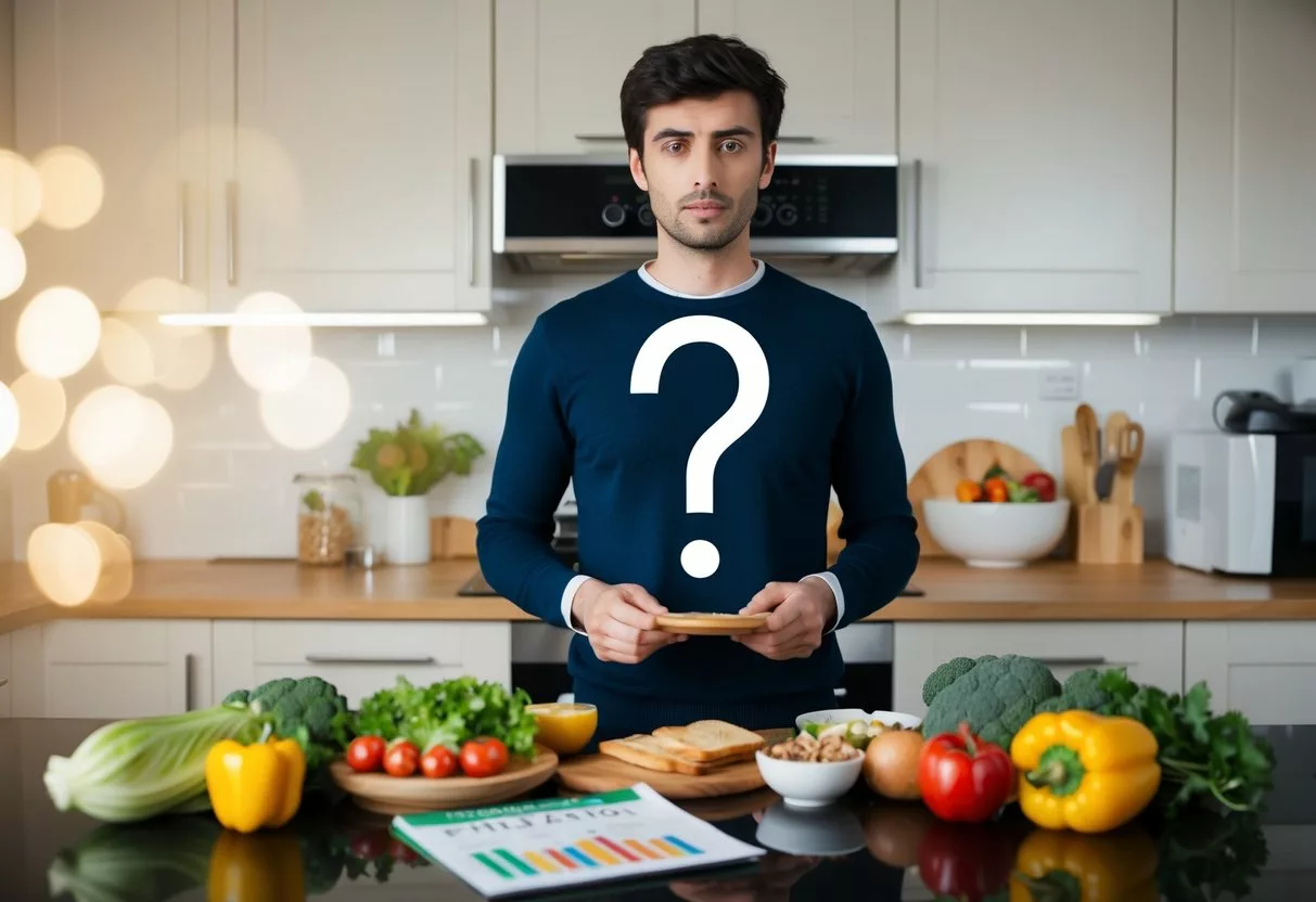 A person standing in front of a microwave oven with a question mark above their head, surrounded by various food items and a health guide