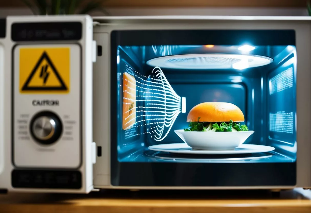 A microwave oven emitting waves with a caution symbol and a healthy food item inside