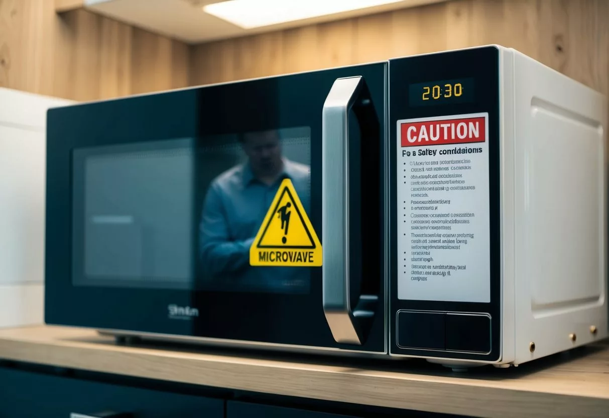 A person standing in front of a microwave with a caution sign and a list of safety considerations