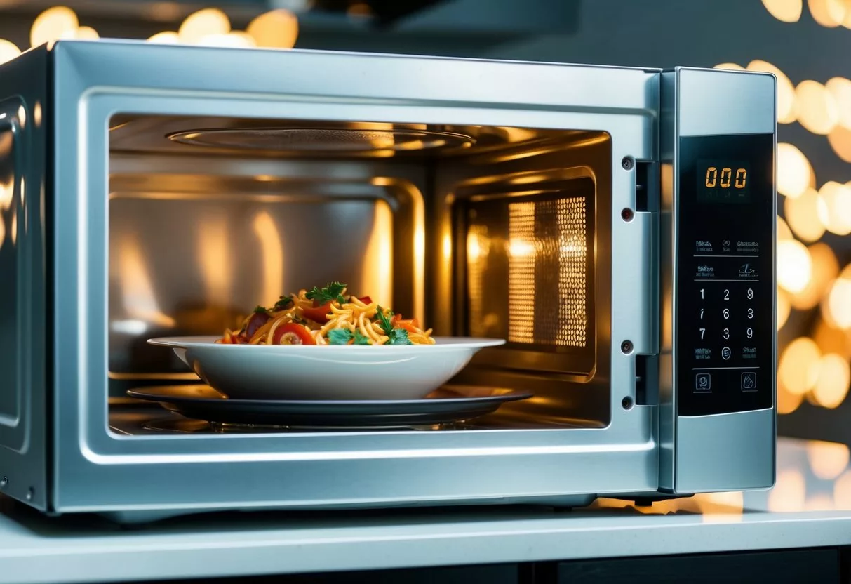 A microwave oven emitting waves while food rotates inside