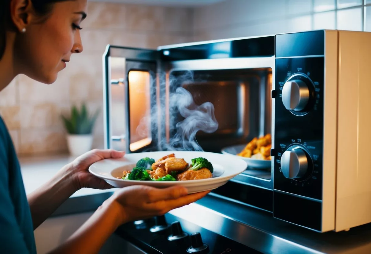 A person cooking food in a microwave while holding a plate with steam rising from it