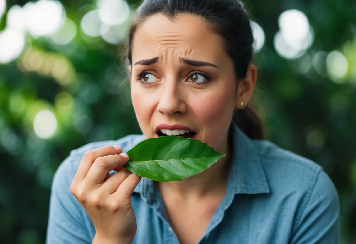 A person accidentally eating bay leaves, with a concerned expression on their face as they look at the bay leaves in their hand