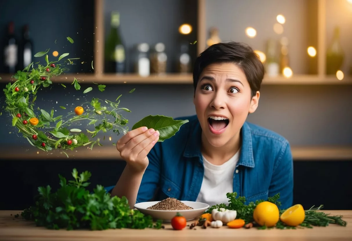 A person accidentally eats a bay leaf and reacts in surprise as the herbs and spices on the table seem to come to life, swirling around them in a magical display