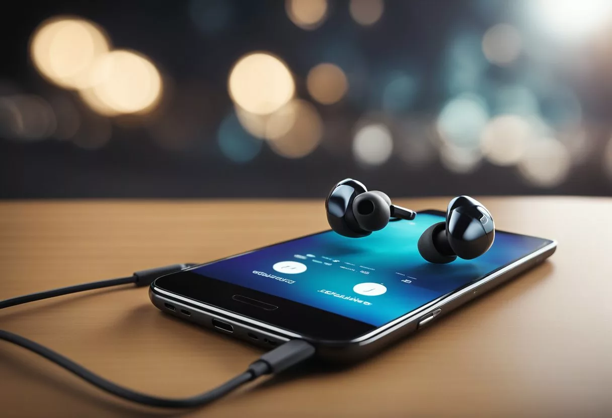 A pair of earbuds connected to a smartphone with the volume set to maximum, while sound waves emanate and vibrate in all directions