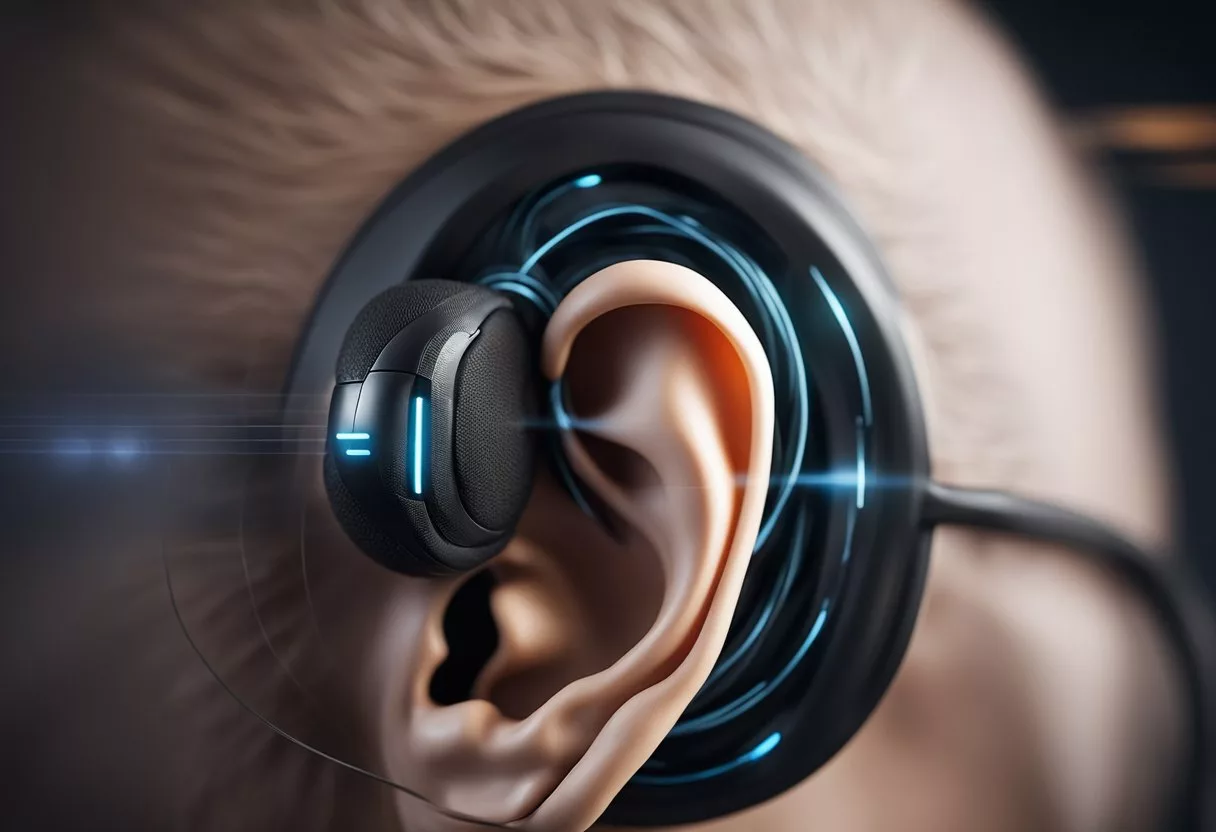 An ear with earbuds inserted, sound waves entering and causing the eardrum to vibrate intensely, with inner ear structures highlighted