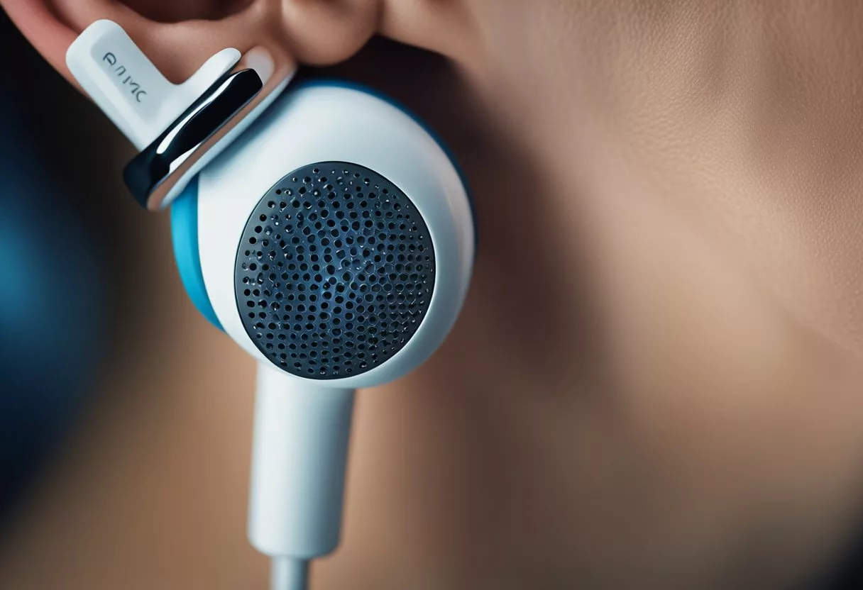 An earbud is shown inserted into an ear, emitting sound waves at a high volume. The ear canal is depicted as being strained and distorted by the loud noise