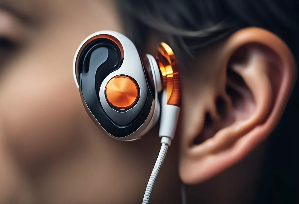 An earbud inserted into a human ear, with sound waves depicted as red and orange lines entering the ear canal. The earbud is set at a high volume, causing the eardrum to vibrate intensely