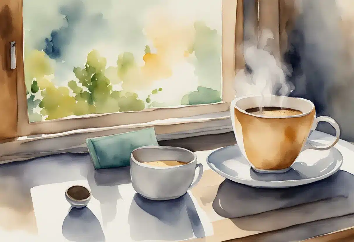 A steaming cup of coffee with Javaburn added sits on a table. Nearby, a calendar shows a week passing by. The surroundings suggest a cozy, modern lifestyle