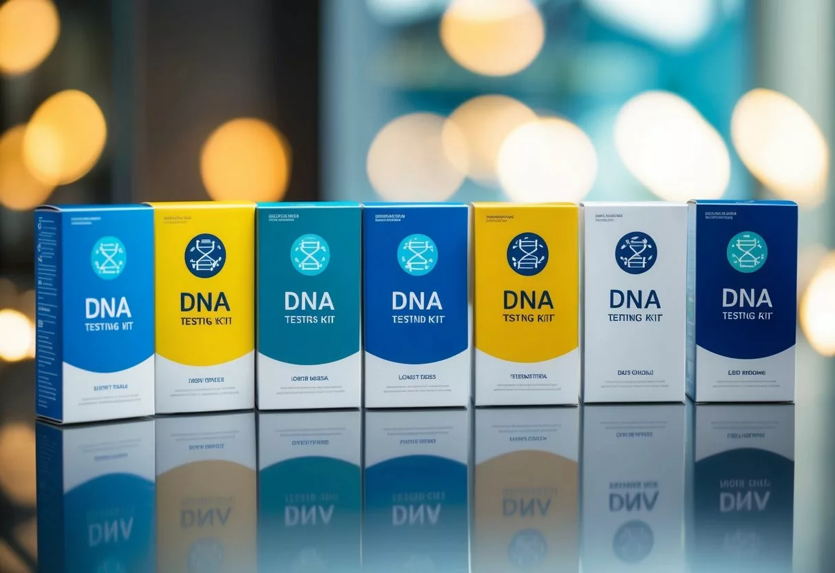 A colorful array of DNA testing kits arranged in a sleek, modern display, each box featuring the logo and branding of a top genetic testing company