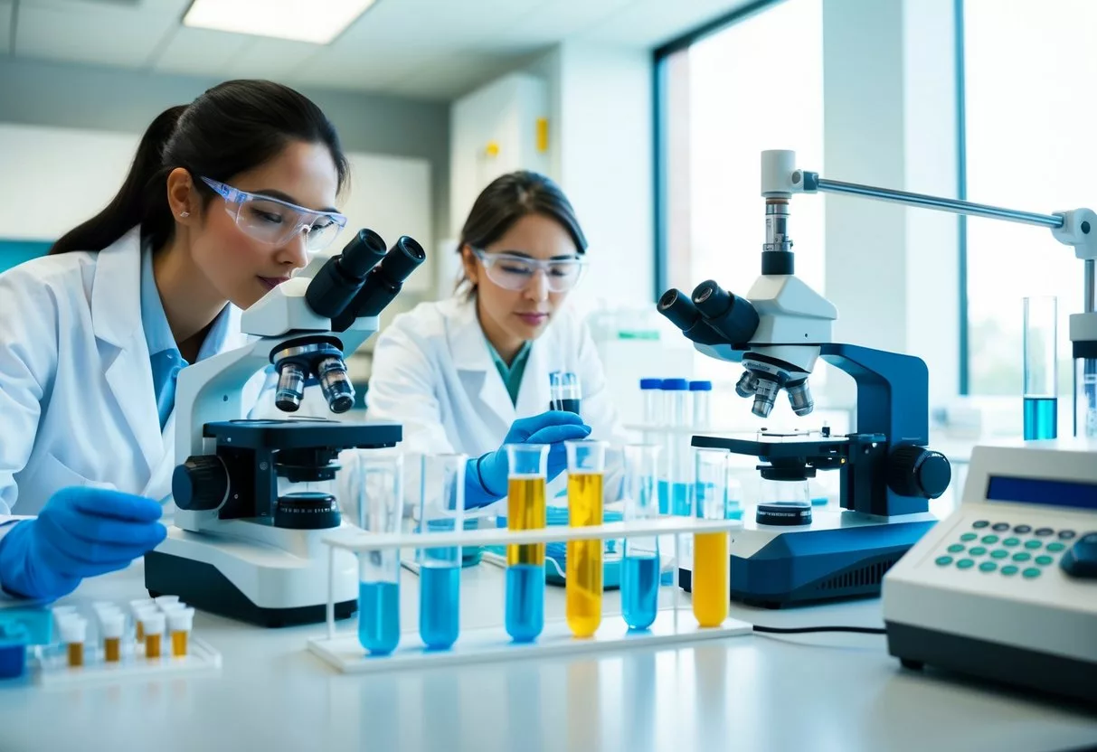 A laboratory setting with test tubes, microscopes, and genetic sequencing equipment. Bright, modern, and clean environment with scientists working diligently