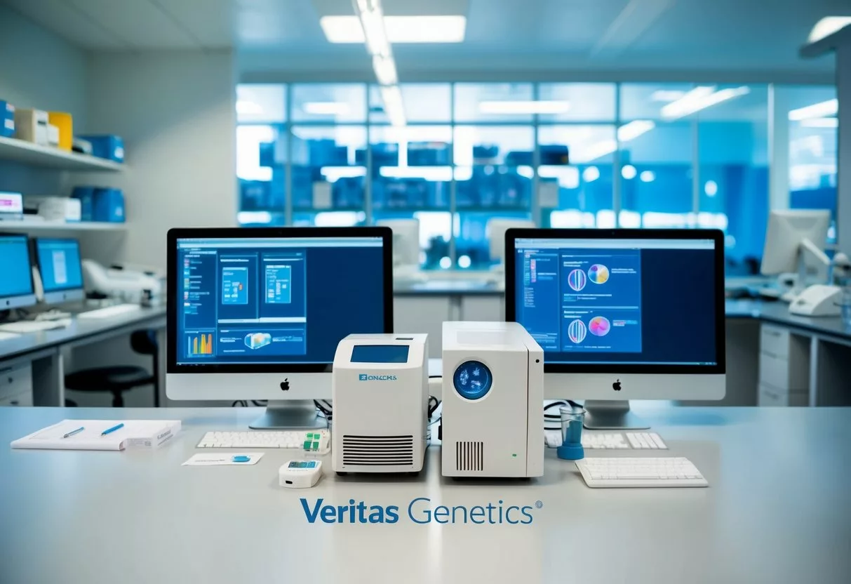 A laboratory setting with advanced genetic testing equipment and computers, showcasing the cutting-edge technology used by Veritas Genetics