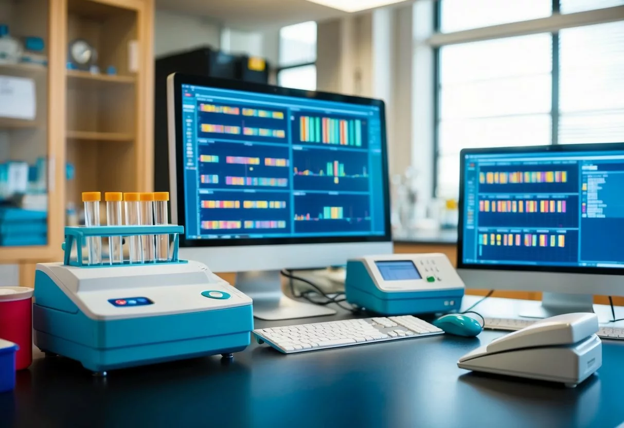 A colorful lab setting with test tubes, genetic sequencing machines, and computer screens displaying data