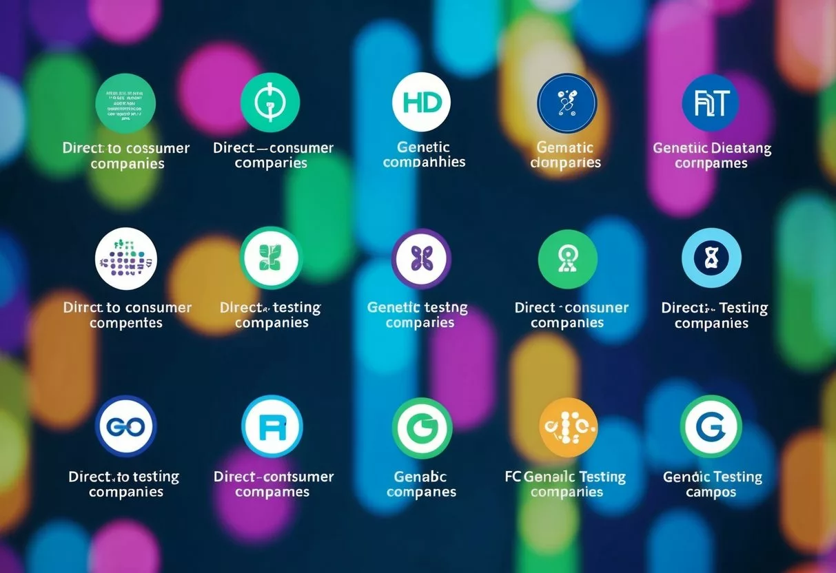 A colorful infographic showcasing the logos of the top 10 direct-to-consumer genetic testing companies, arranged in a visually appealing and informative layout