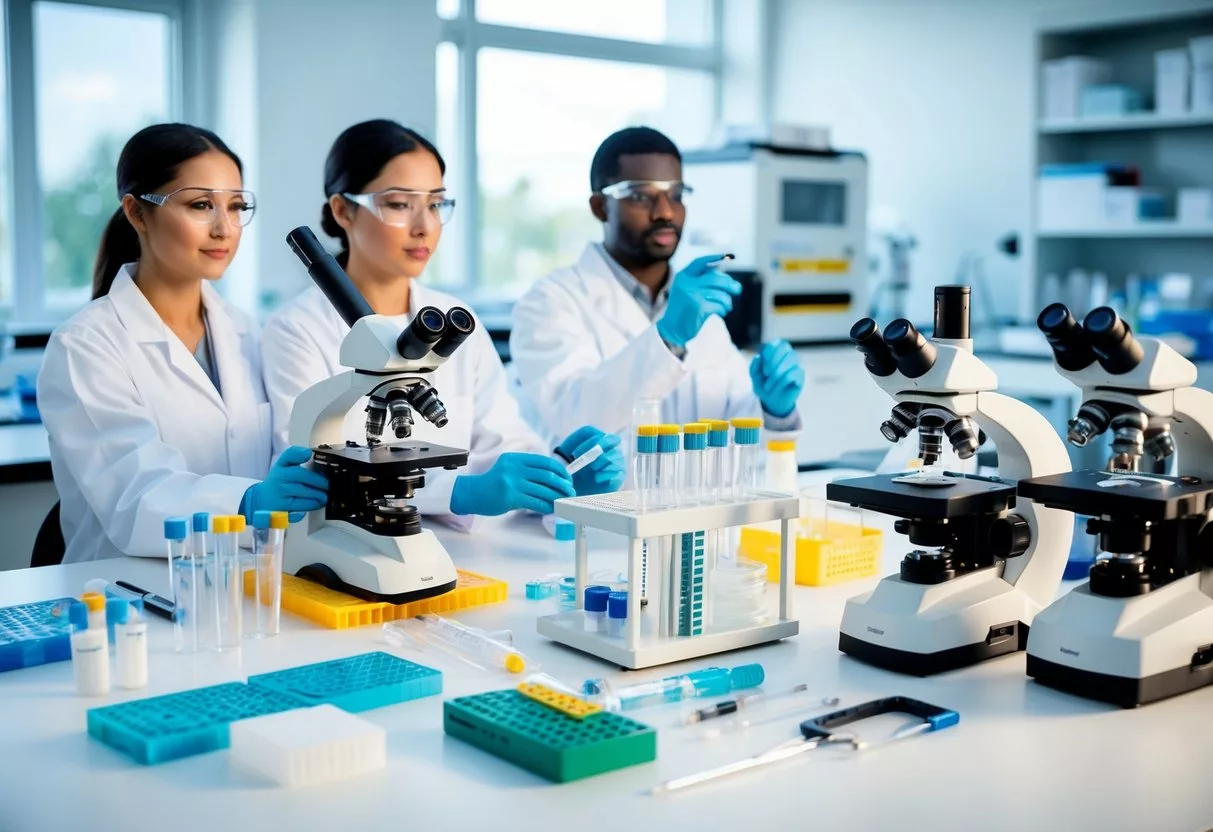 A laboratory setting with test tubes, microscopes, and genetic sequencing machines, surrounded by scientists in white lab coats