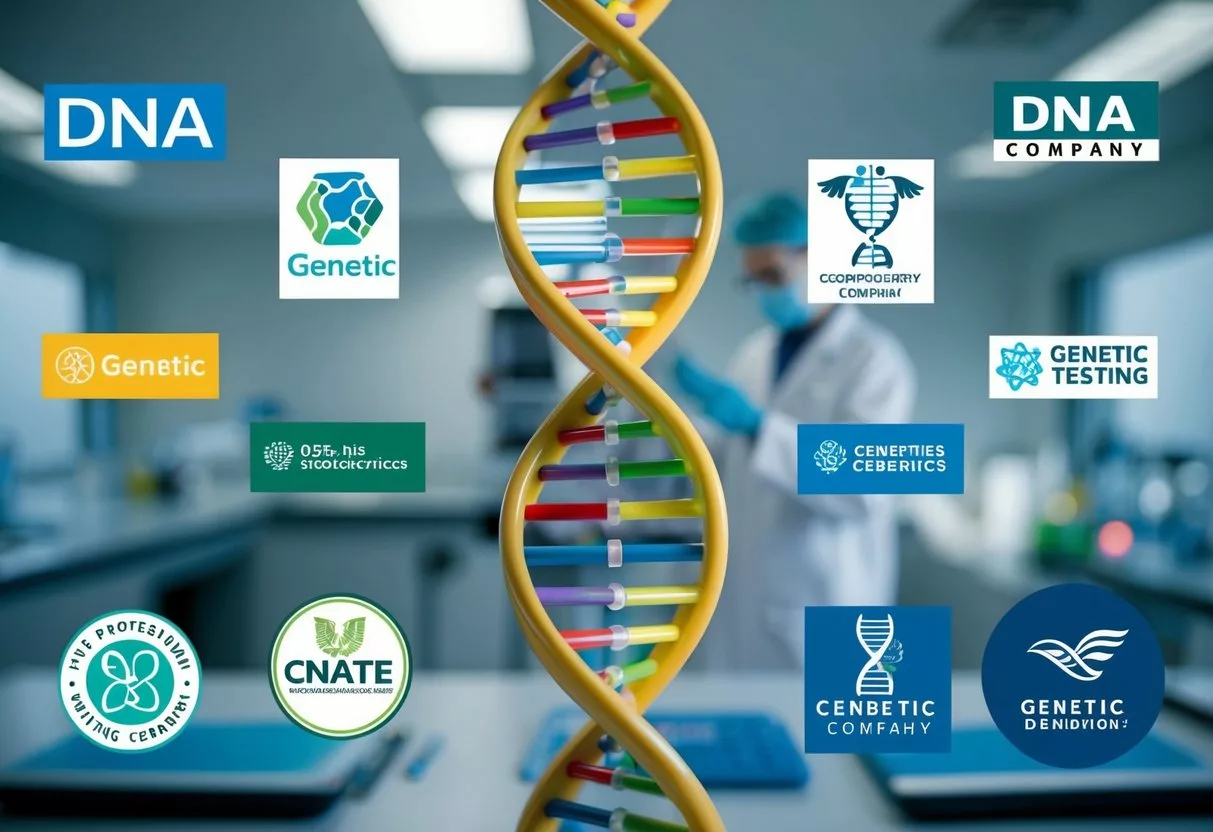 A colorful DNA helix surrounded by 10 company logos, each representing a different genetic testing company, with a scientific laboratory setting in the background