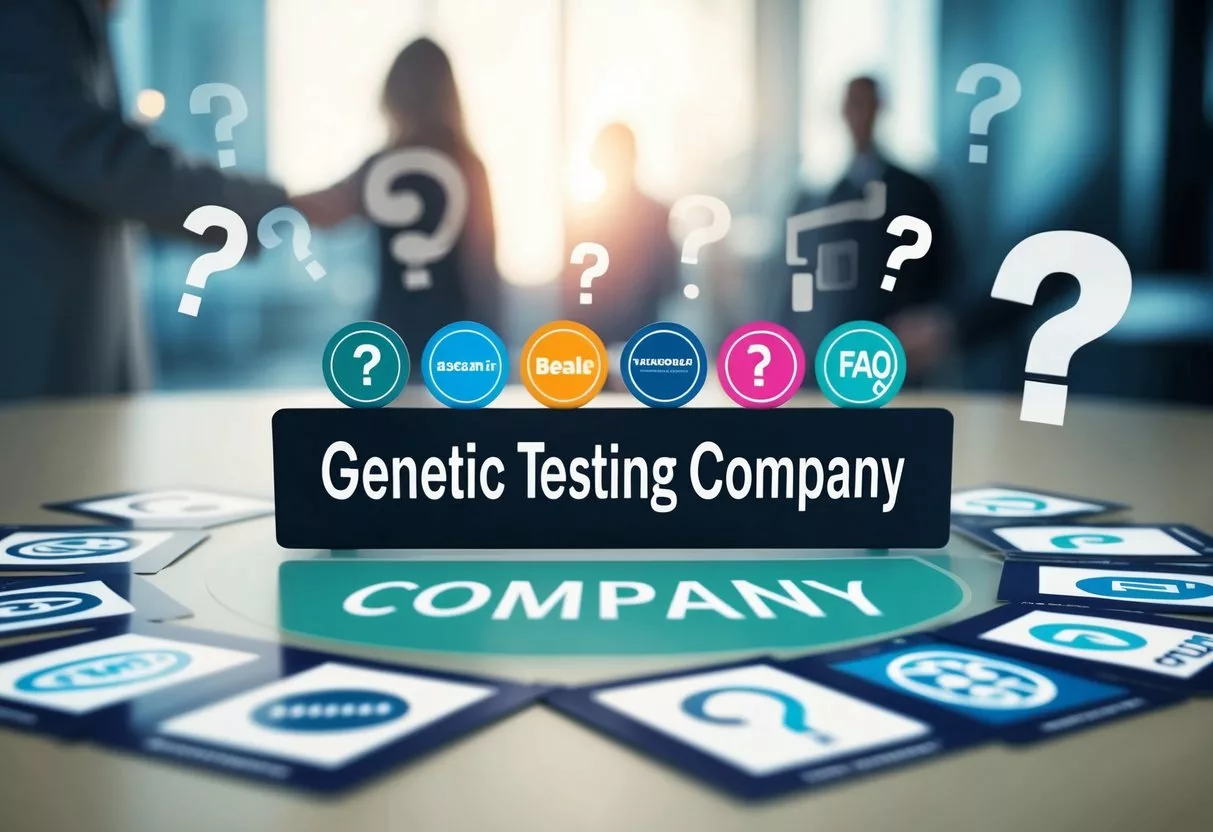 A table with 10 genetic testing company logos displayed, surrounded by question marks and a "FAQ" heading