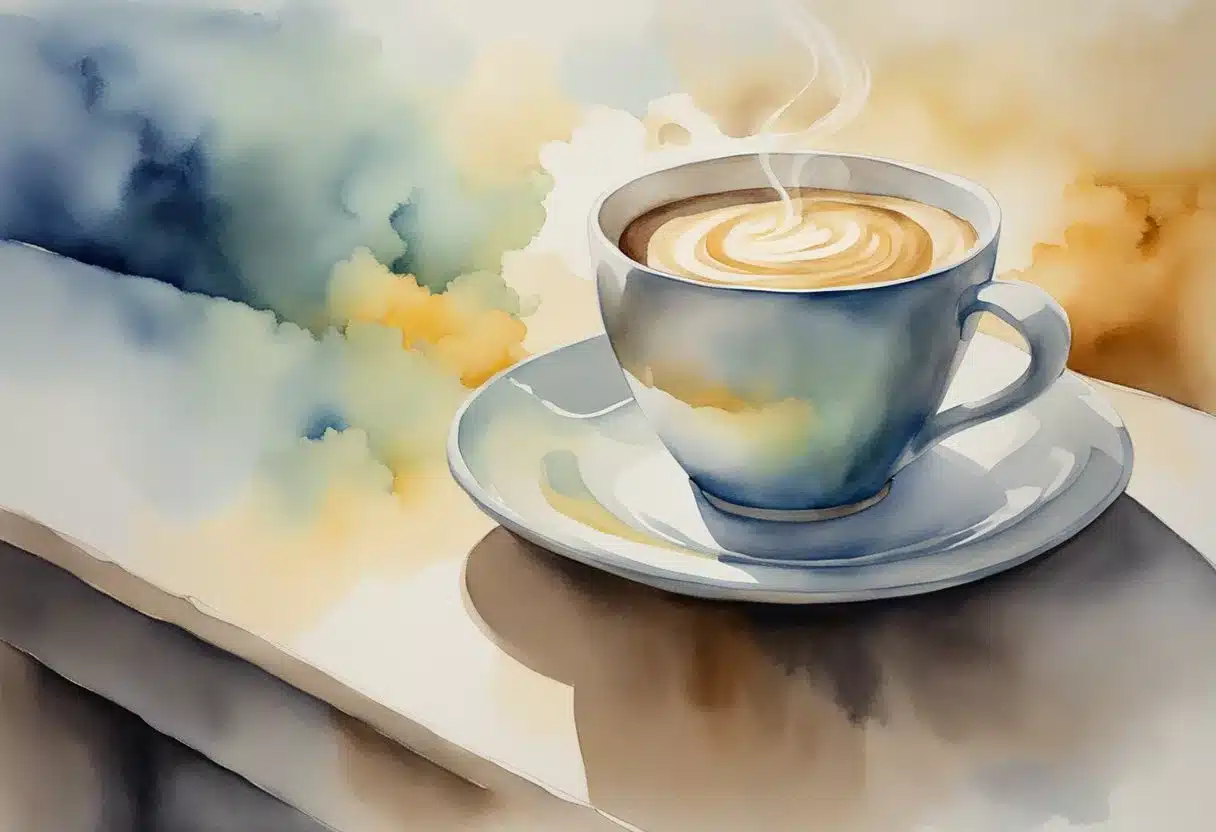 A steaming cup of coffee with Javaburn added sits on a table. The aroma wafts through the air as the liquid swirls in the cup, creating a sense of anticipation and surprise