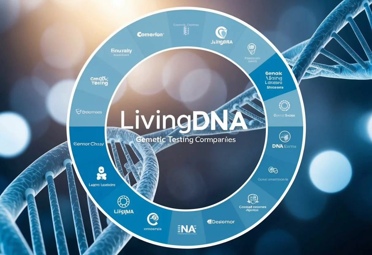 A DNA double helix surrounded by a circular chart of genetic testing companies, with LivingDNA featured in the center