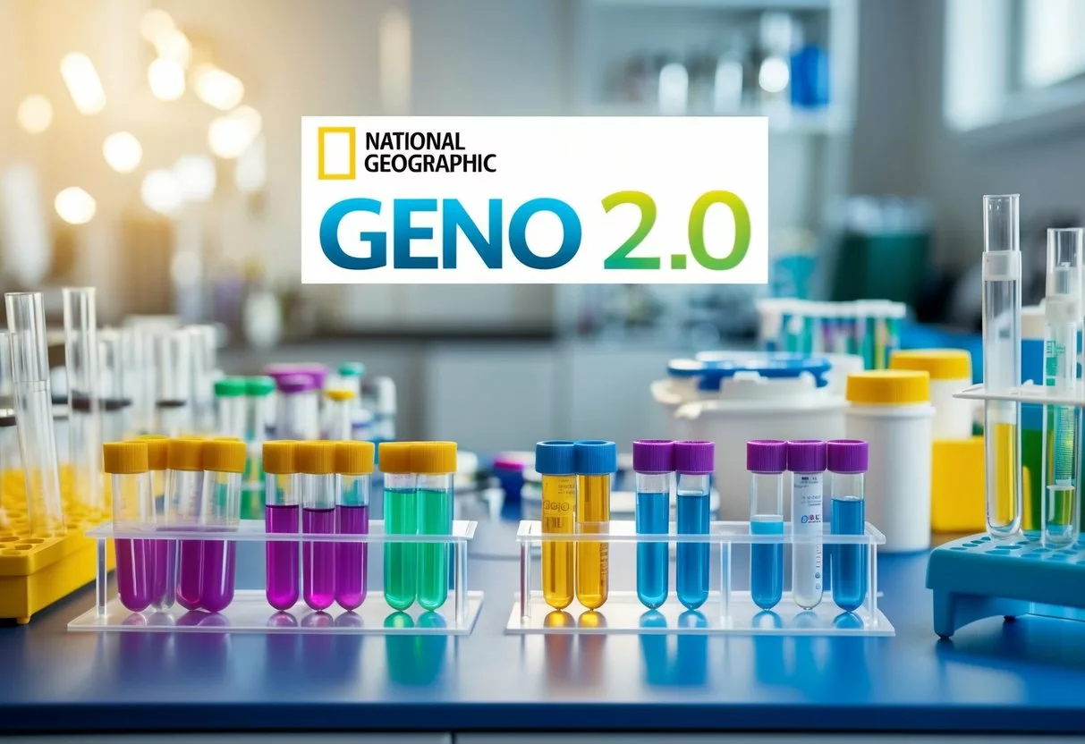 A colorful array of test tubes and genetic sequencing equipment arranged on a laboratory bench, with a National Geographic Geno 2.0 logo displayed prominently