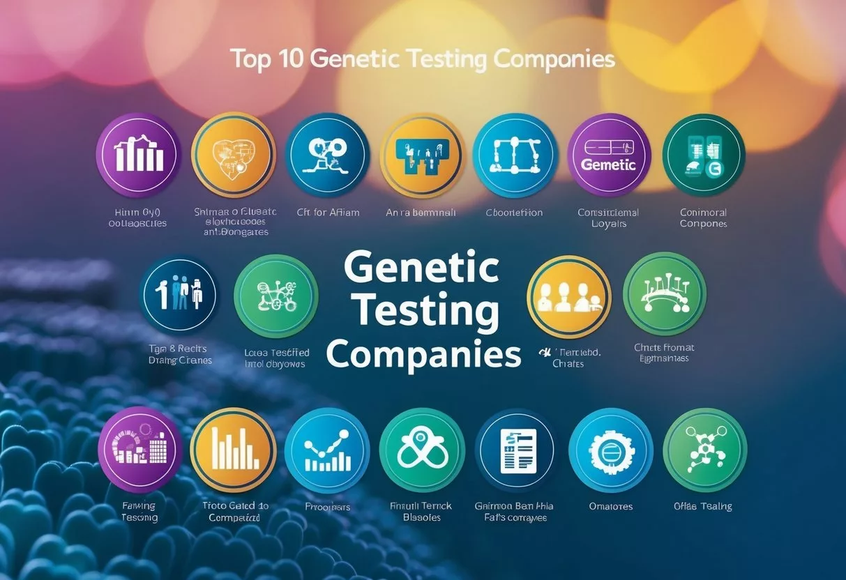 A colorful infographic showing logos of the top 10 genetic testing companies, with charts and graphs comparing benefits and limitations