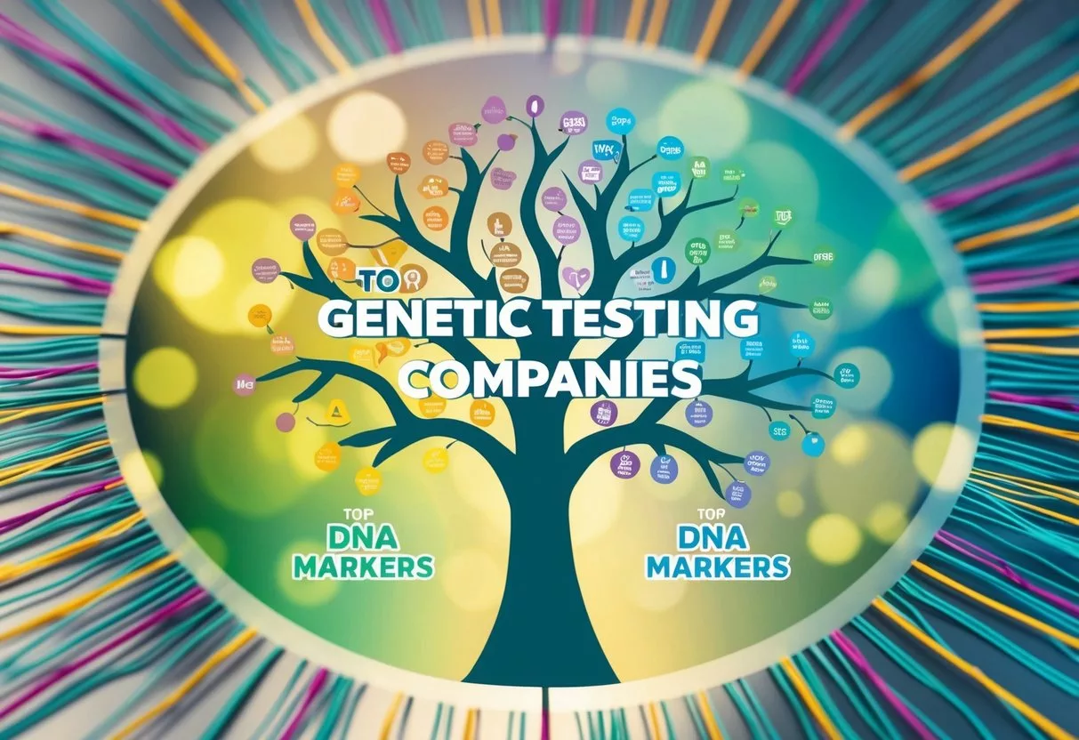 A colorful family tree with branches representing the top 10 genetic testing companies, surrounded by strands of DNA and genetic markers