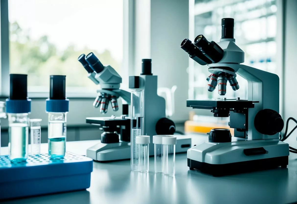 A laboratory setting with test tubes, microscopes, and genetic sequencing equipment