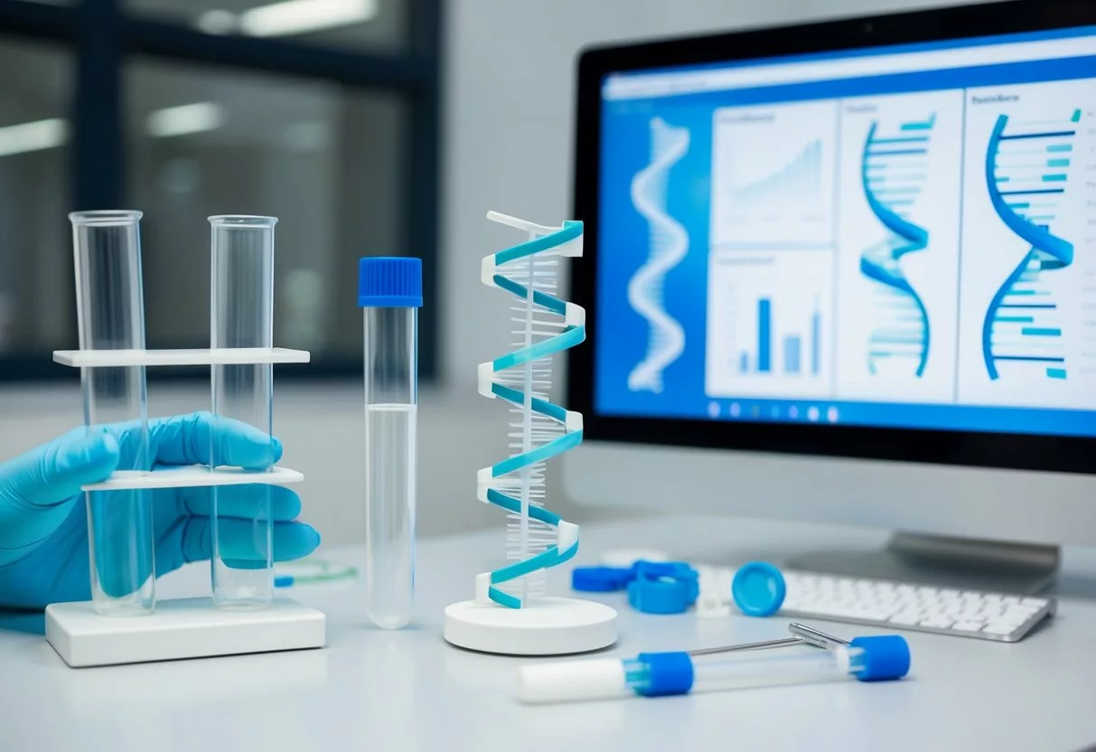 A lab setting with test tubes, DNA helix models, and a computer screen displaying genetic data analysis