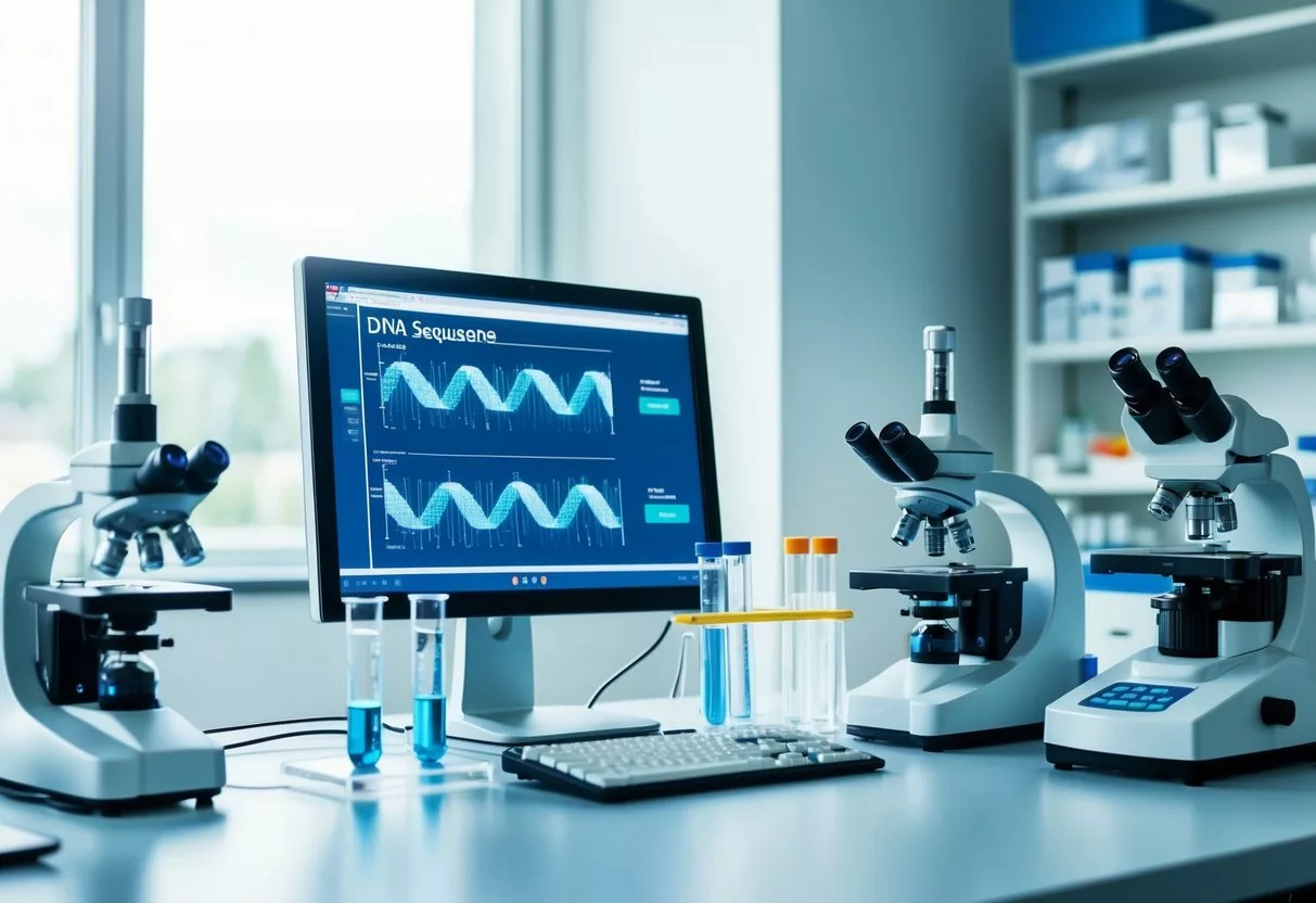 A laboratory setting with test tubes, microscopes, and genetic sequencing equipment. A computer screen displays a DNA sequence analysis