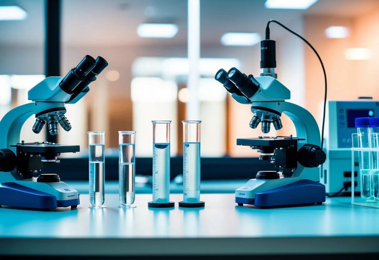 A laboratory setting with test tubes, microscopes, and genetic sequencing equipment