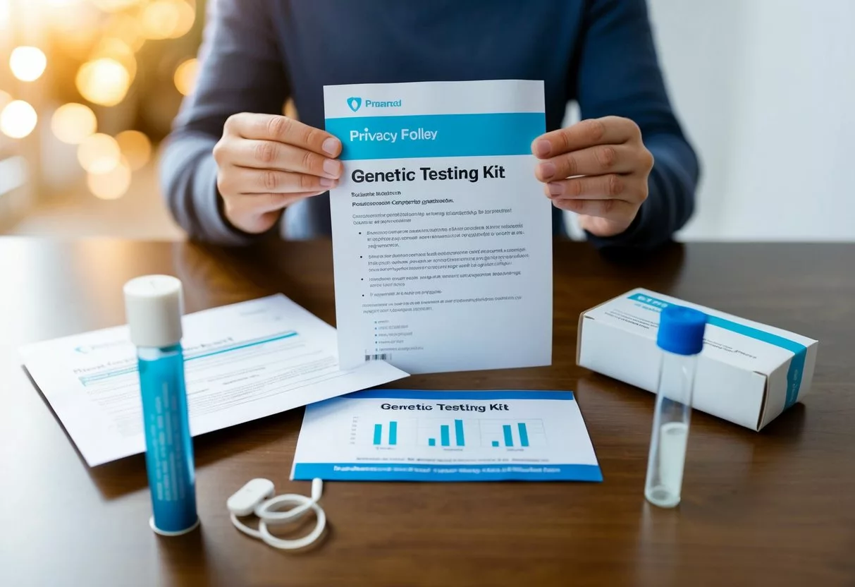 A person receiving a genetic testing kit in the mail, with a privacy policy document and a DNA sample collection tube included