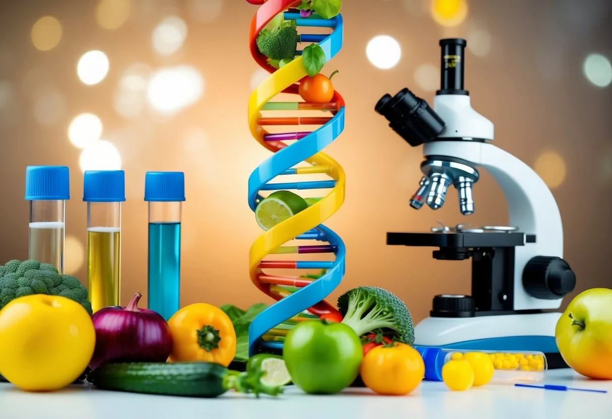 A colorful DNA helix intertwining with various fruits and vegetables, surrounded by test tubes and a microscope