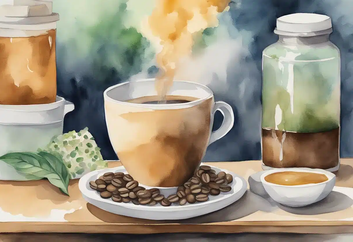 A steaming cup of coffee sits on a table, surrounded by various health supplements. A bottle of Javaburn is being added to the coffee, creating a swirl of ingredients