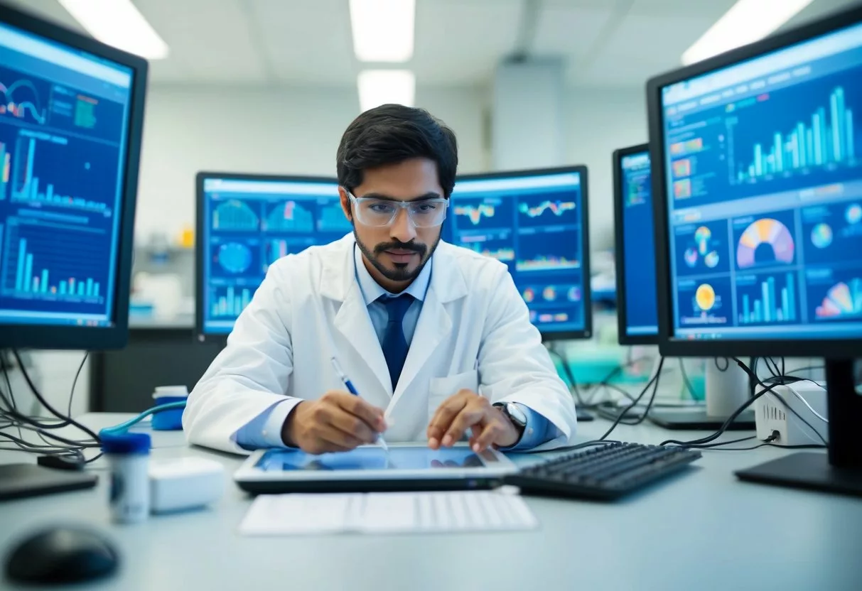 A scientist analyzing genetic data in a lab, surrounded by computer screens and equipment, with a focus on nutrigenomics and complex diseases