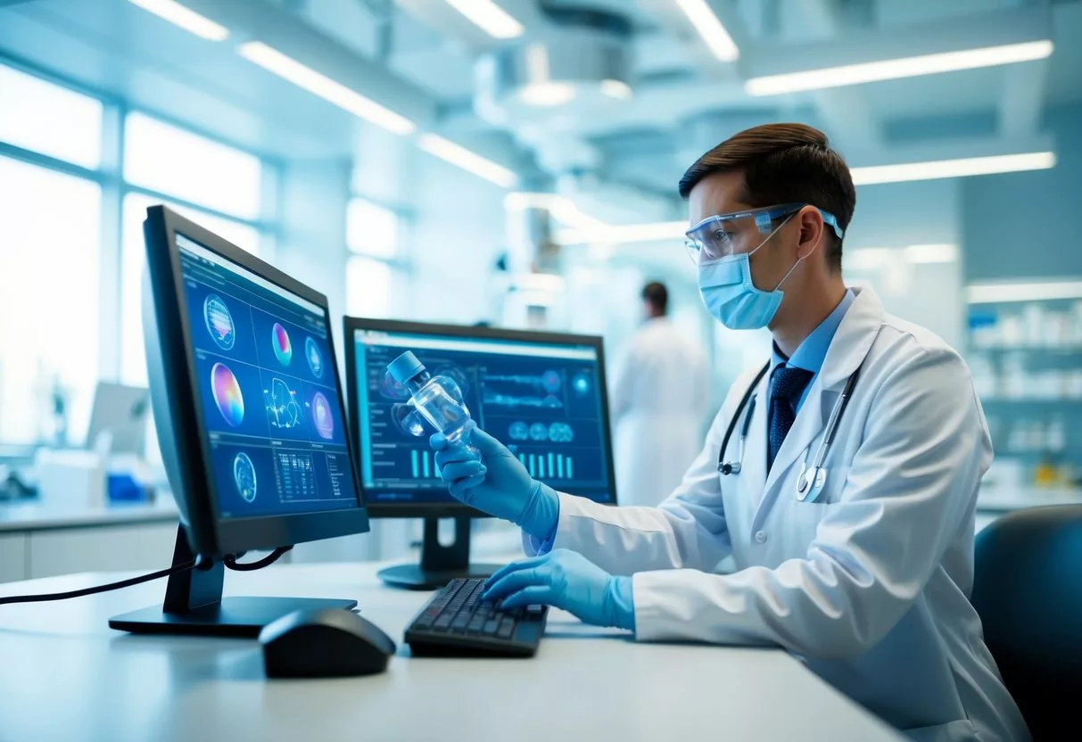 A futuristic laboratory with advanced genetic testing equipment and a healthcare professional analyzing data on a computer screen