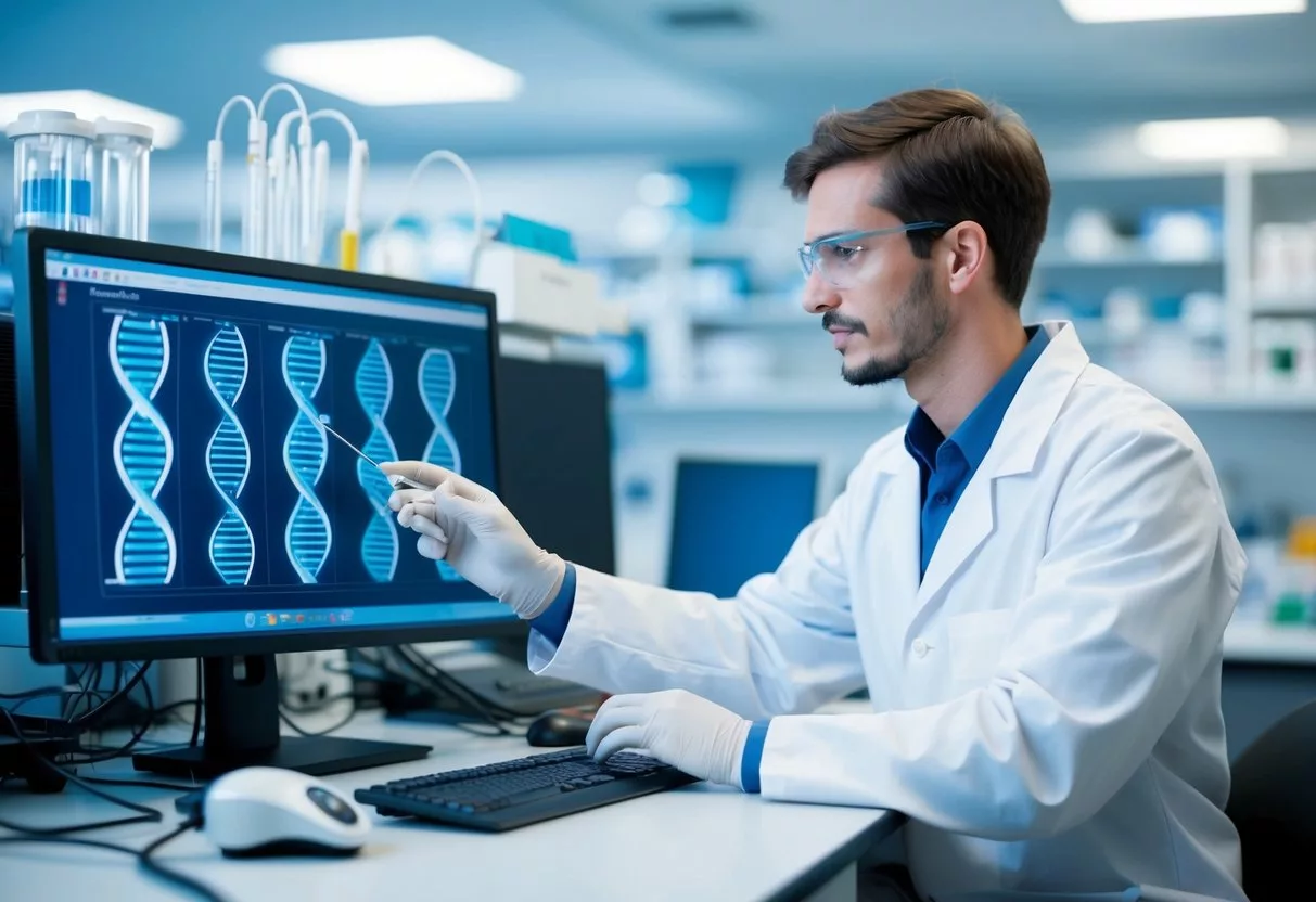 A scientist in a lab coat analyzing DNA sequences on a computer screen surrounded by advanced research equipment