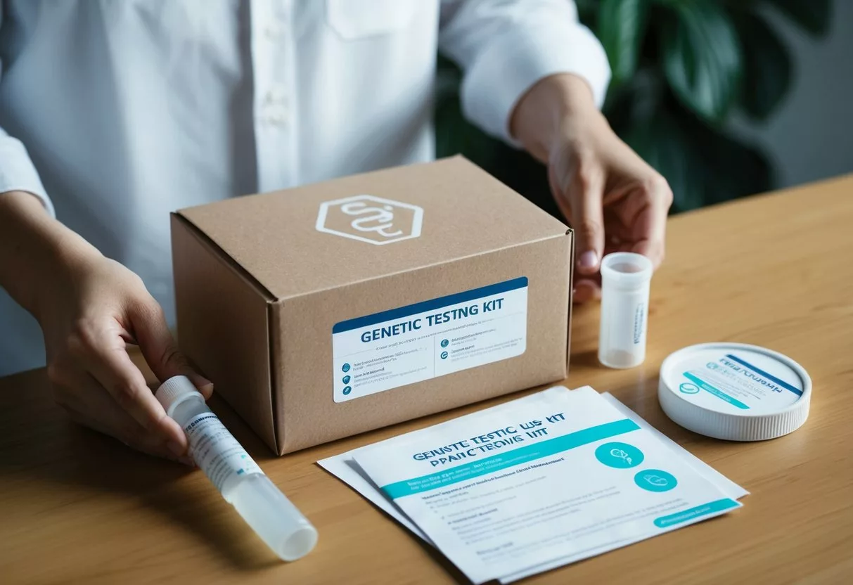 A person receiving a genetic testing kit in the mail, with a box containing a saliva collection tube and instructions for sending the sample to a laboratory