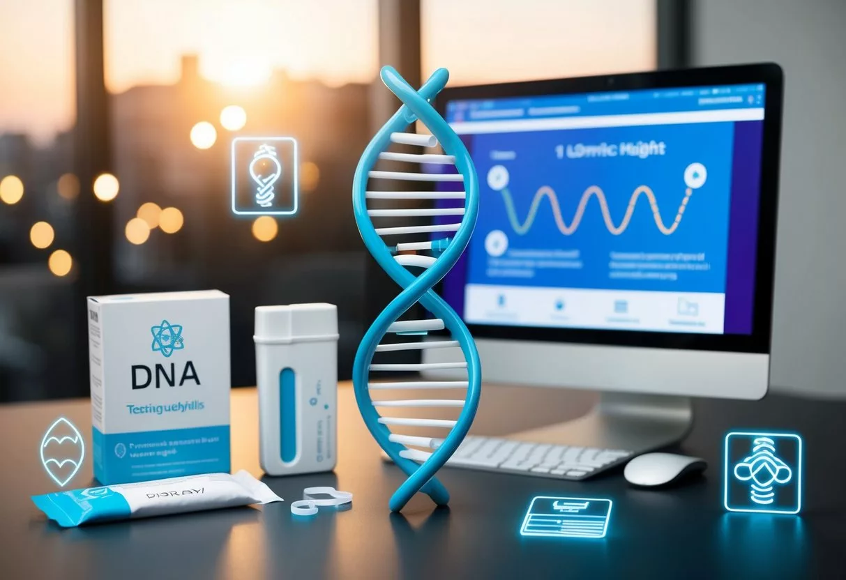 A DNA double helix surrounded by fitness-related icons and symbols, with a testing kit and a computer screen displaying genetic insights