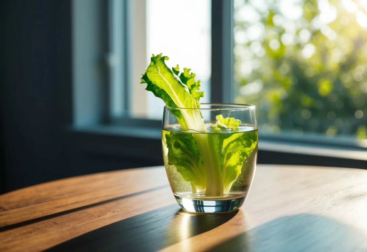 A glass of lettuce water sitting on a wooden table, with a few lettuce leaves floating in the water. Sunlight streaming in through a nearby window