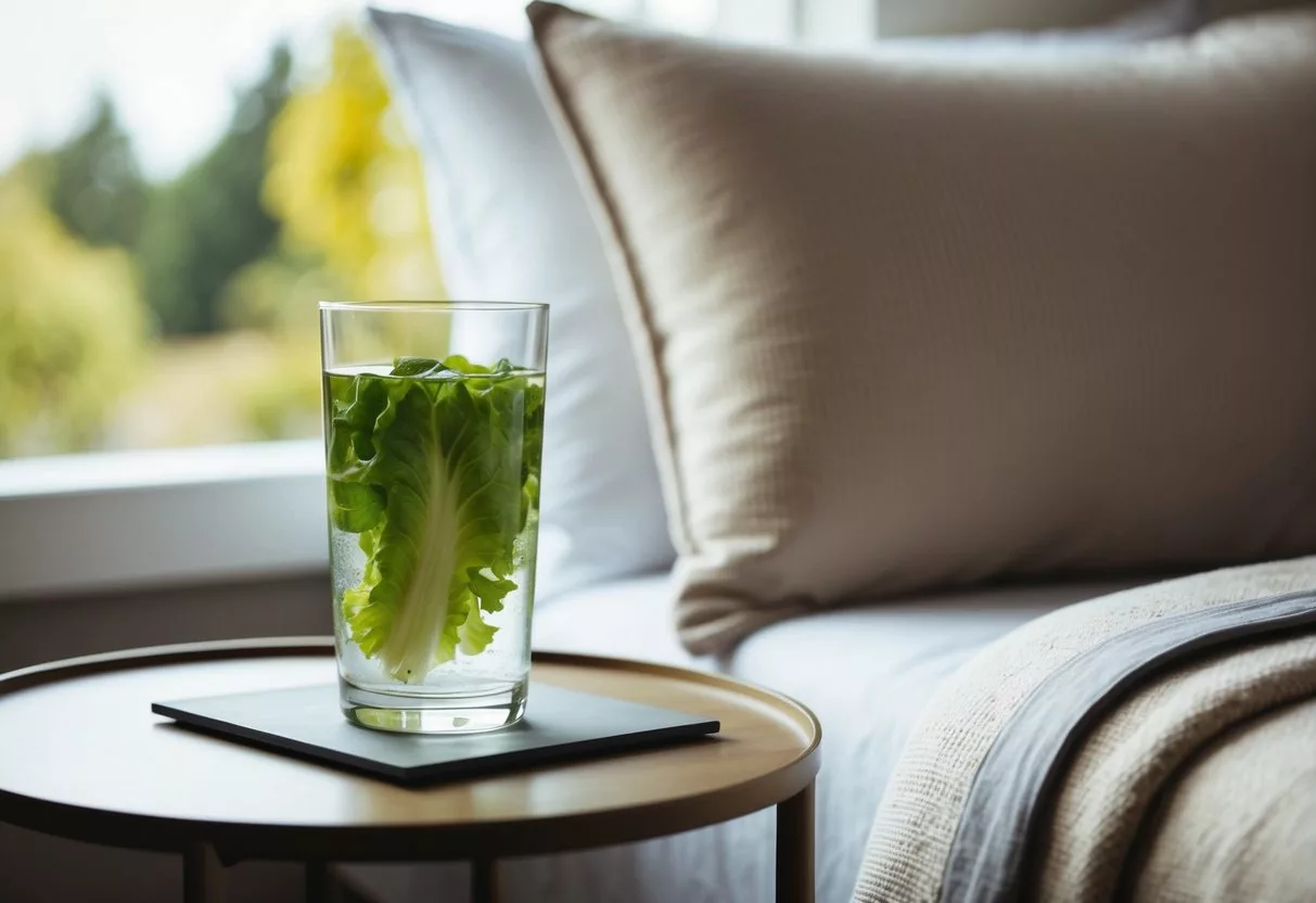 A glass of lettuce water sits on a bedside table next to a cozy bed, with a soft pillow and warm blankets. A peaceful, serene atmosphere fills the room