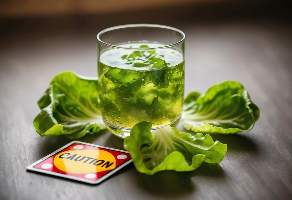 A glass of lettuce water surrounded by fresh lettuce leaves and a caution sign