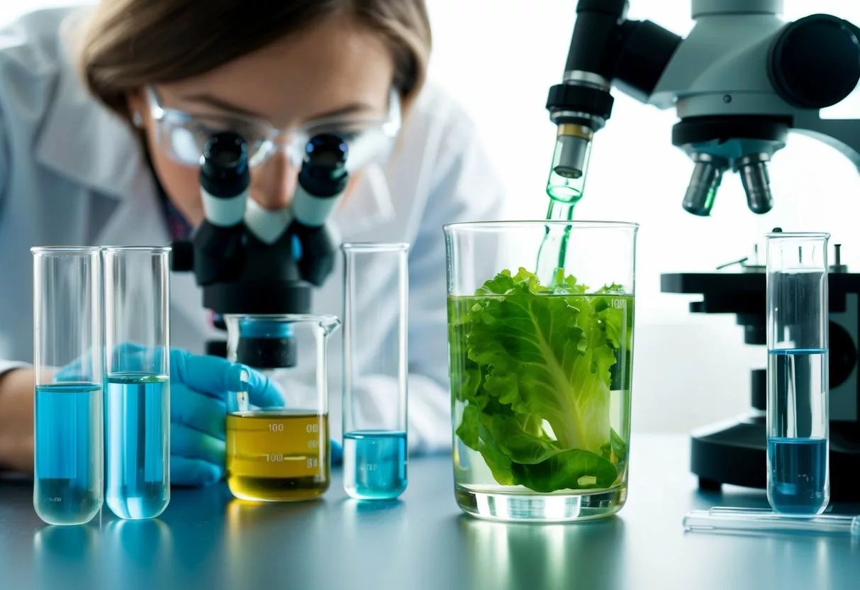 A glass of lettuce-infused water sits on a laboratory table, surrounded by beakers and test tubes. A scientist observes the liquid through a microscope